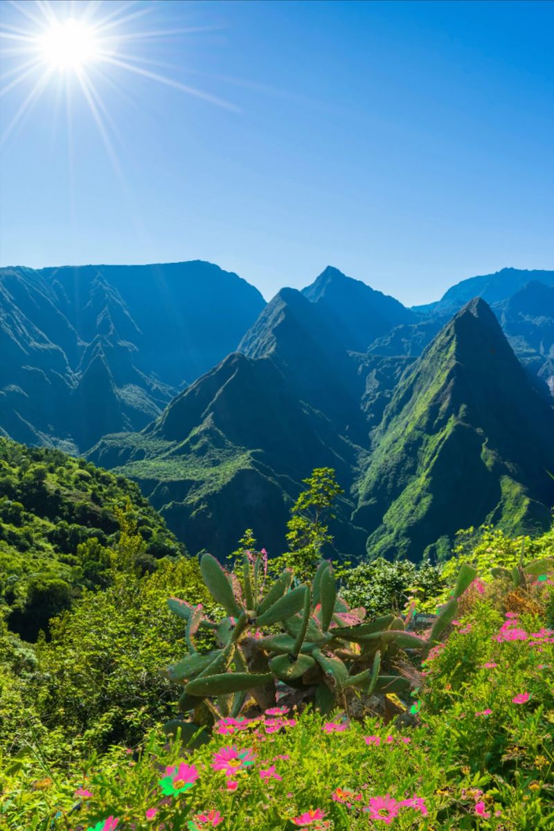 Volcanic mountains and coastline on Reunion Island