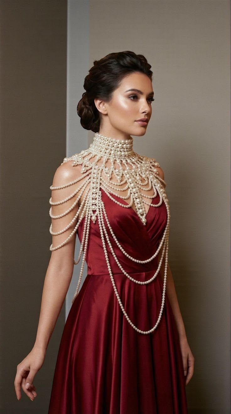 Statement shoulder necklace with an off-shoulder blouse