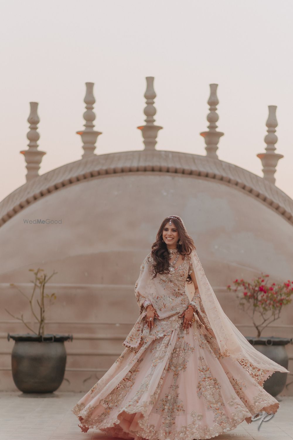 Photo of bridal portrait on wedding day in lehenga