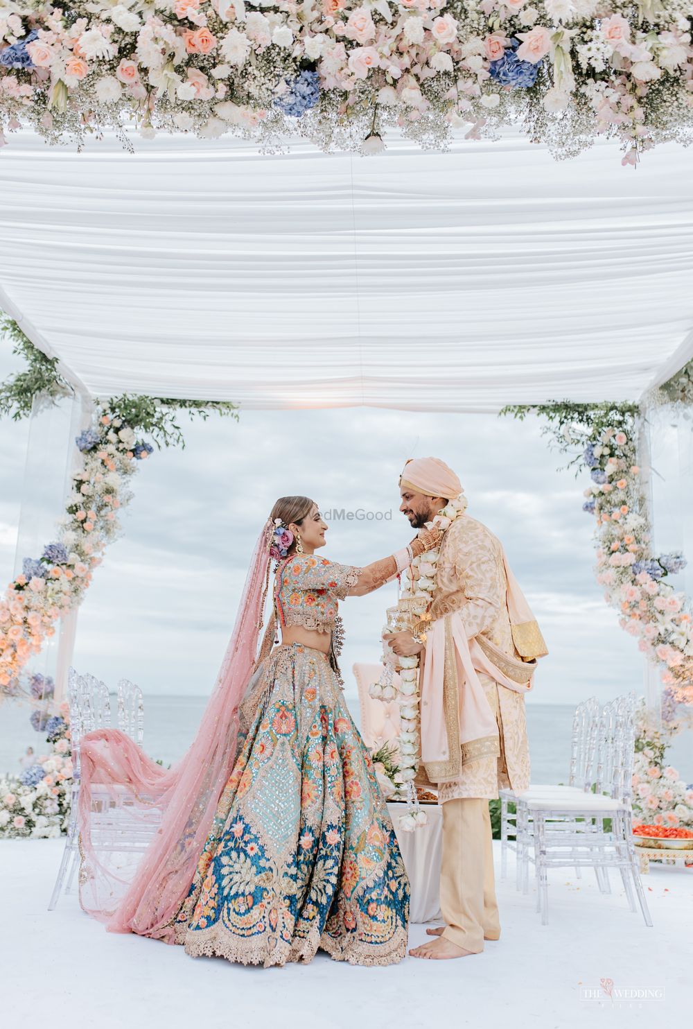 Photo of couple during varmala on wedding day