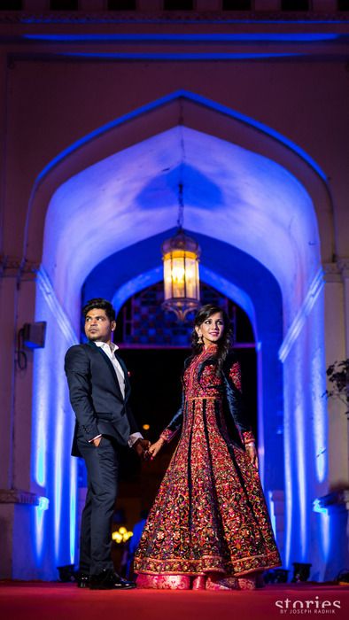 Photo of Floor length jacket lehenga in navy blue velvet