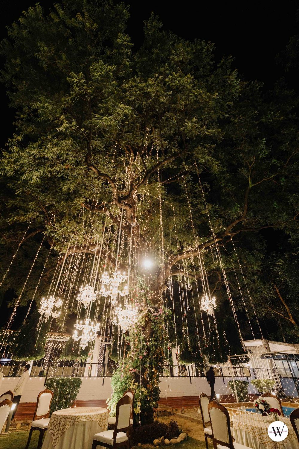 Photo of tree decor idea for home wedding with hanging chandeliers and lights