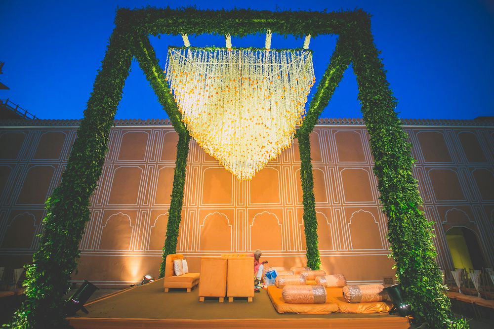 Photo of Floral chandelier at a mandap