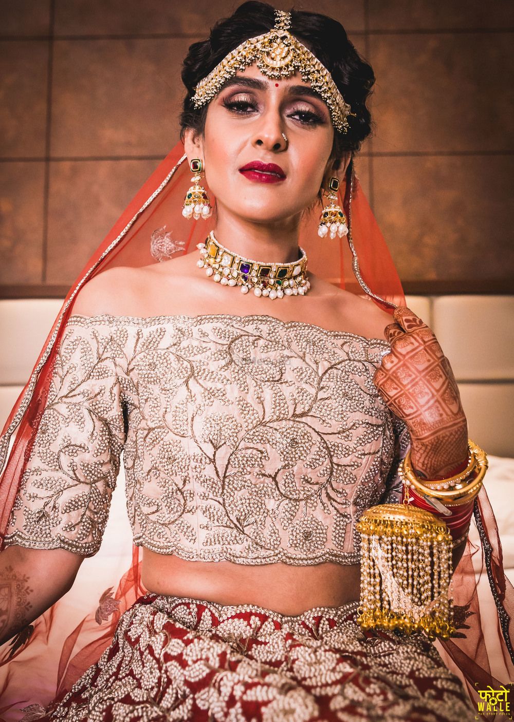 Photo of Modern bridal look with silver off shoulder blouse