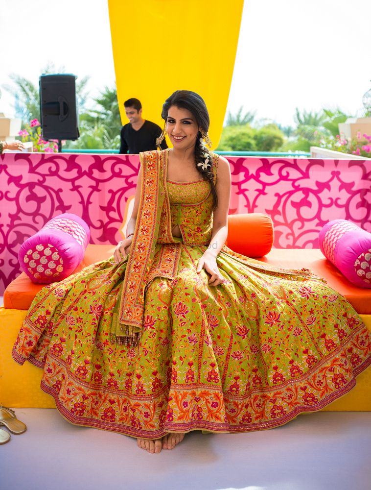 Photo of olive green floral thread embroidery lehenga