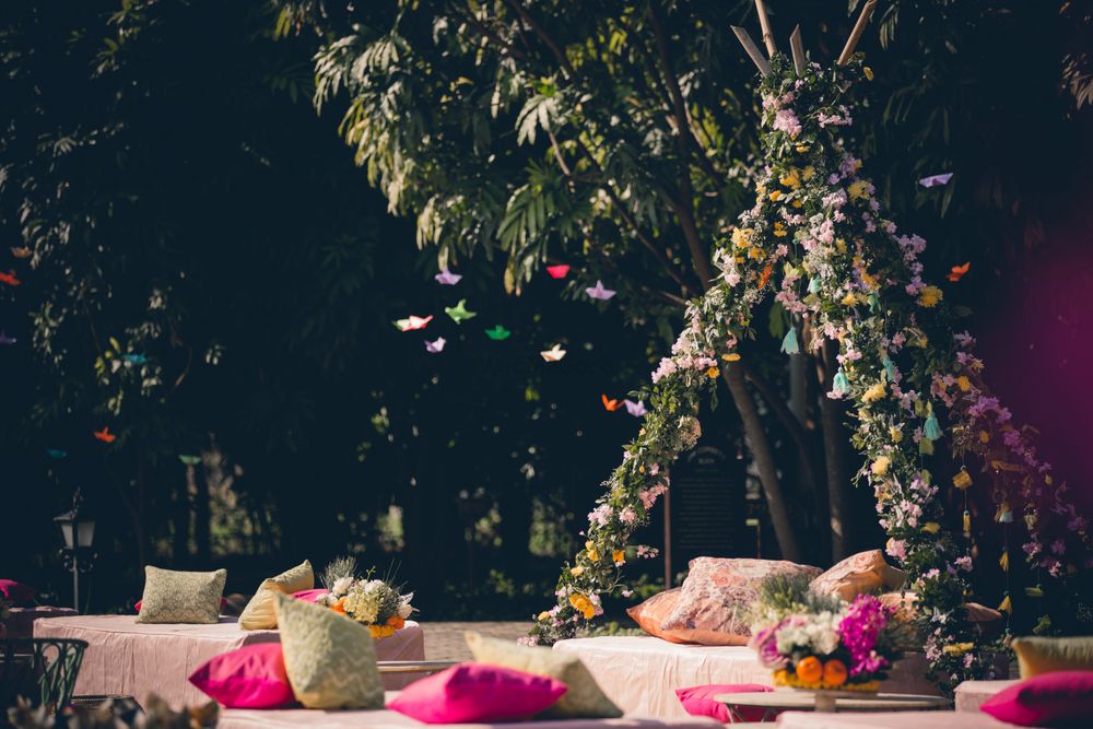 Photo of Floral teepee tent decor at a mehendi ceremony