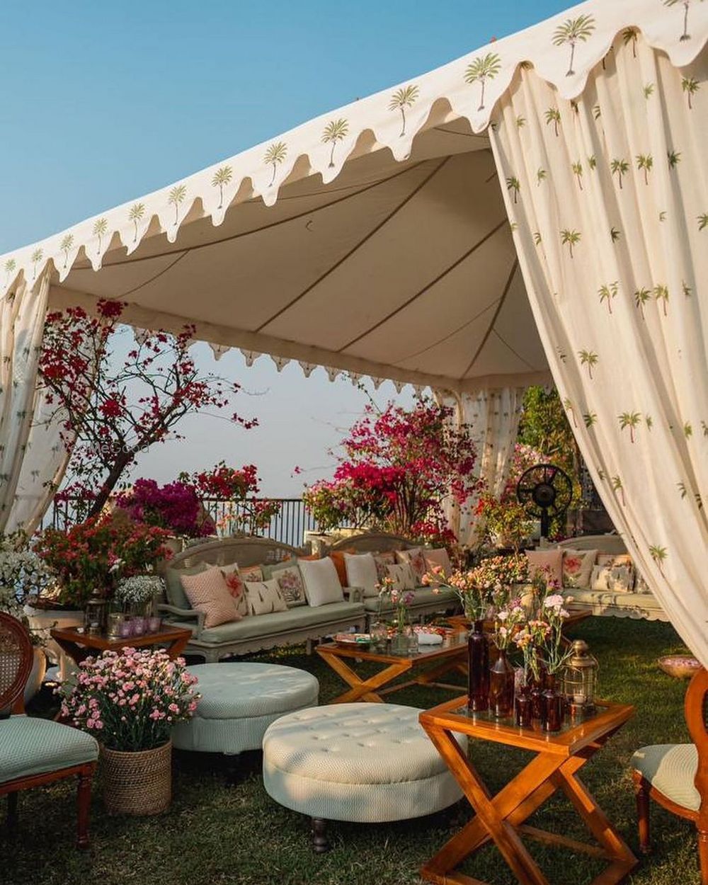 Photo of outdoor mehendi decor with the block printed drapes at Athiya Shetty and KL Rahul