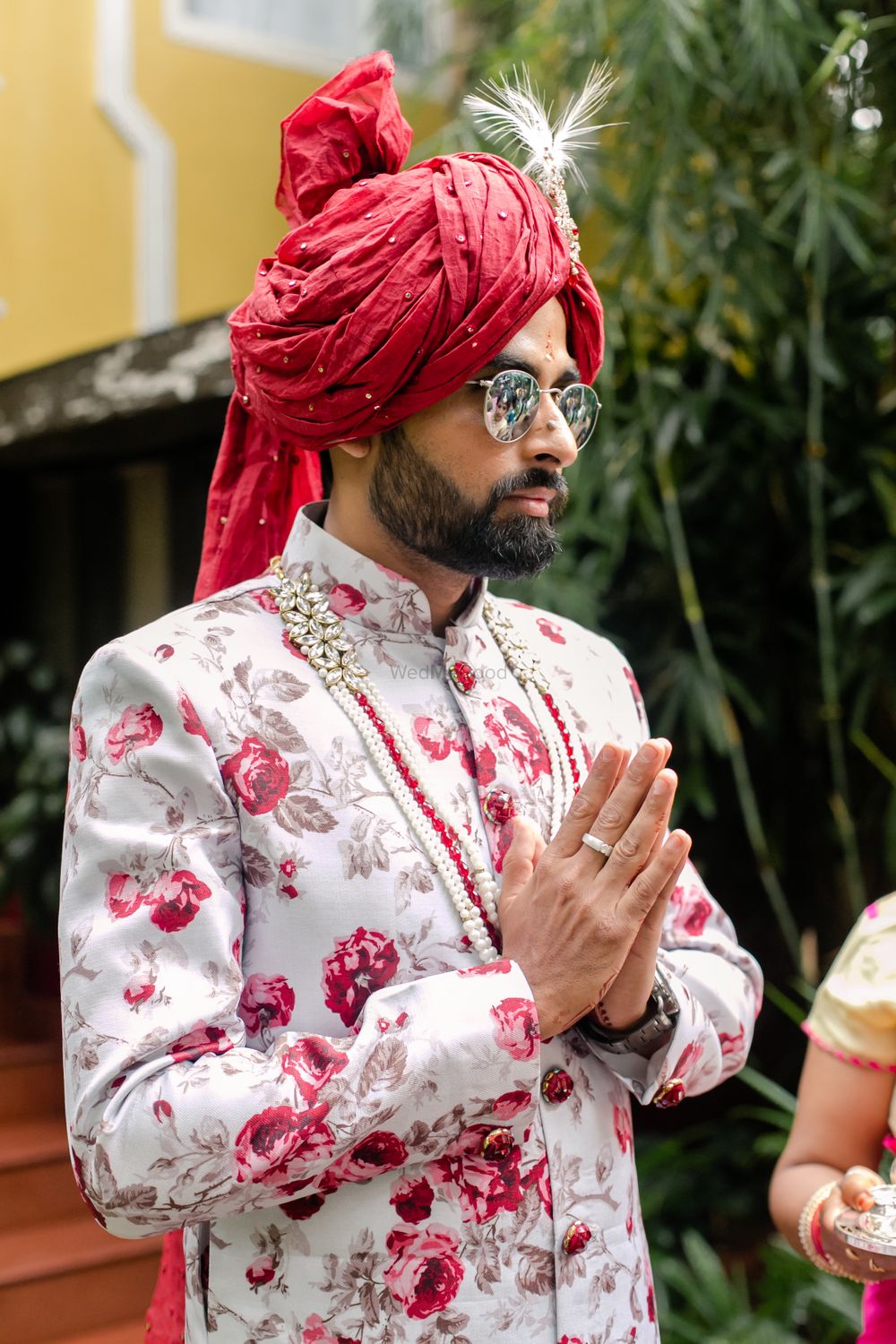Photo of Unique groom look in floral sherwani and contrasting safa