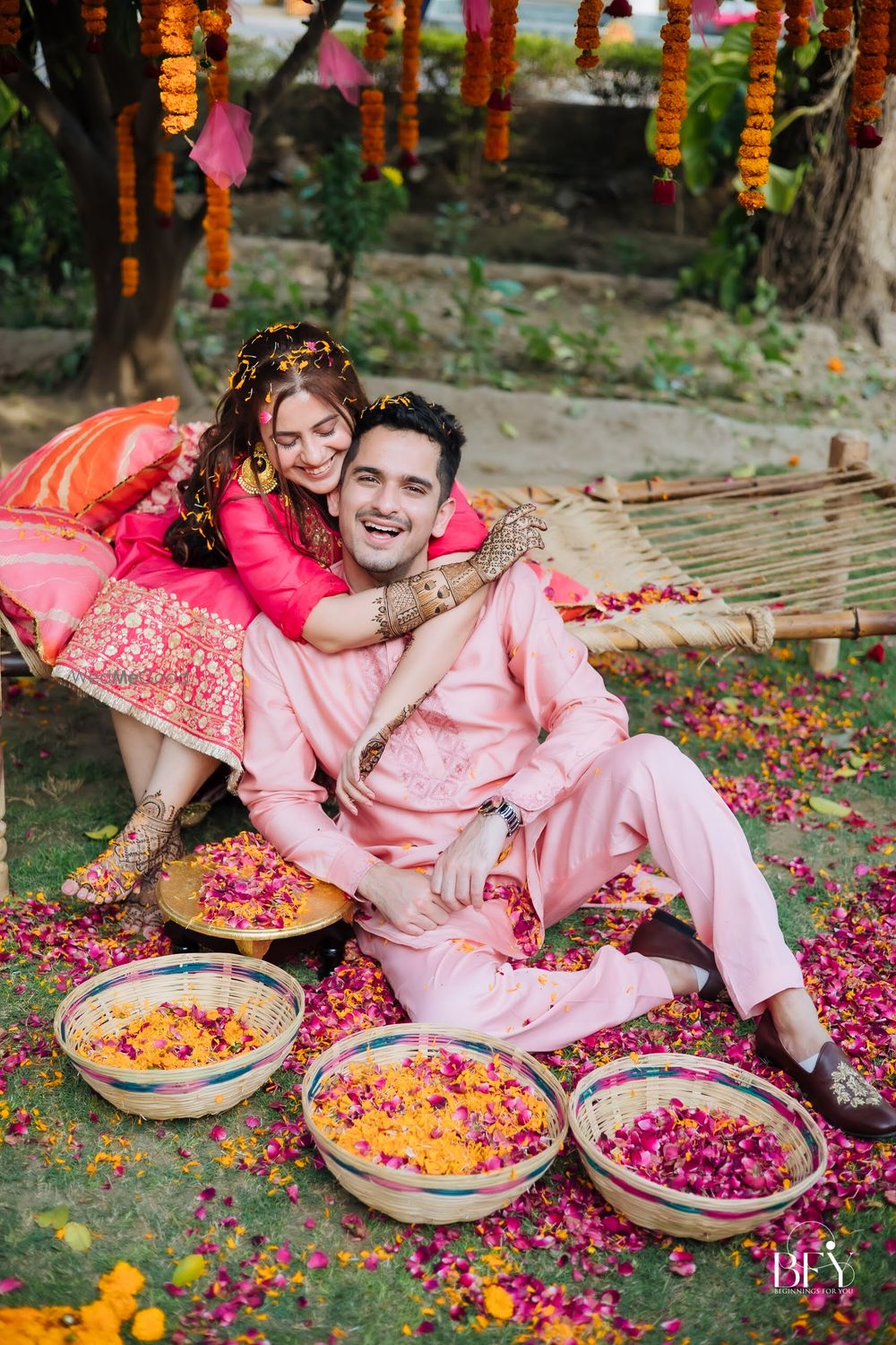 Photo of cute couple portrait idea for mehendi