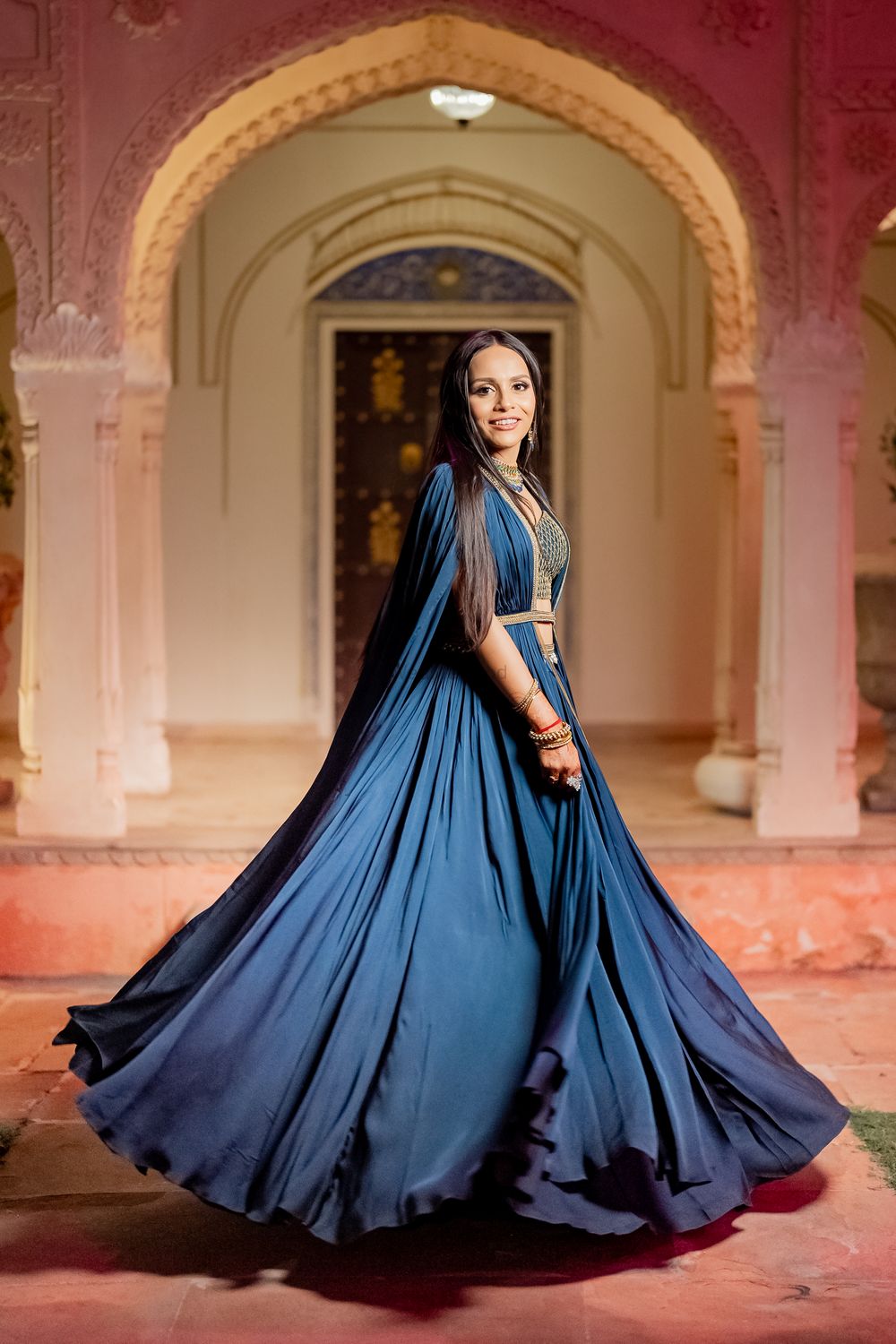 Photo of sangeet outfit ideas with a blue indo western gown