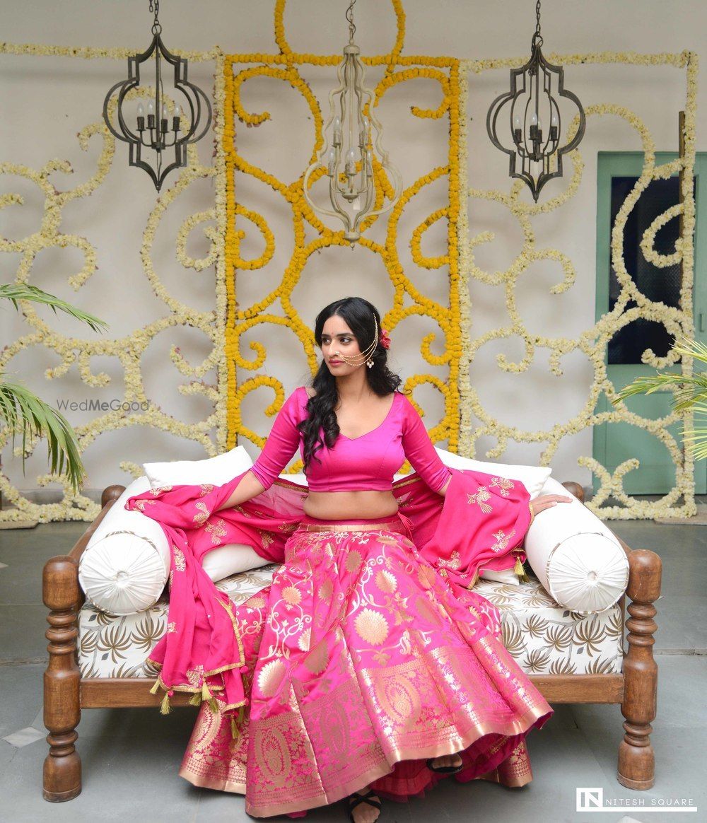 Photo of Bright pink simple benarasi lehenga for engagement