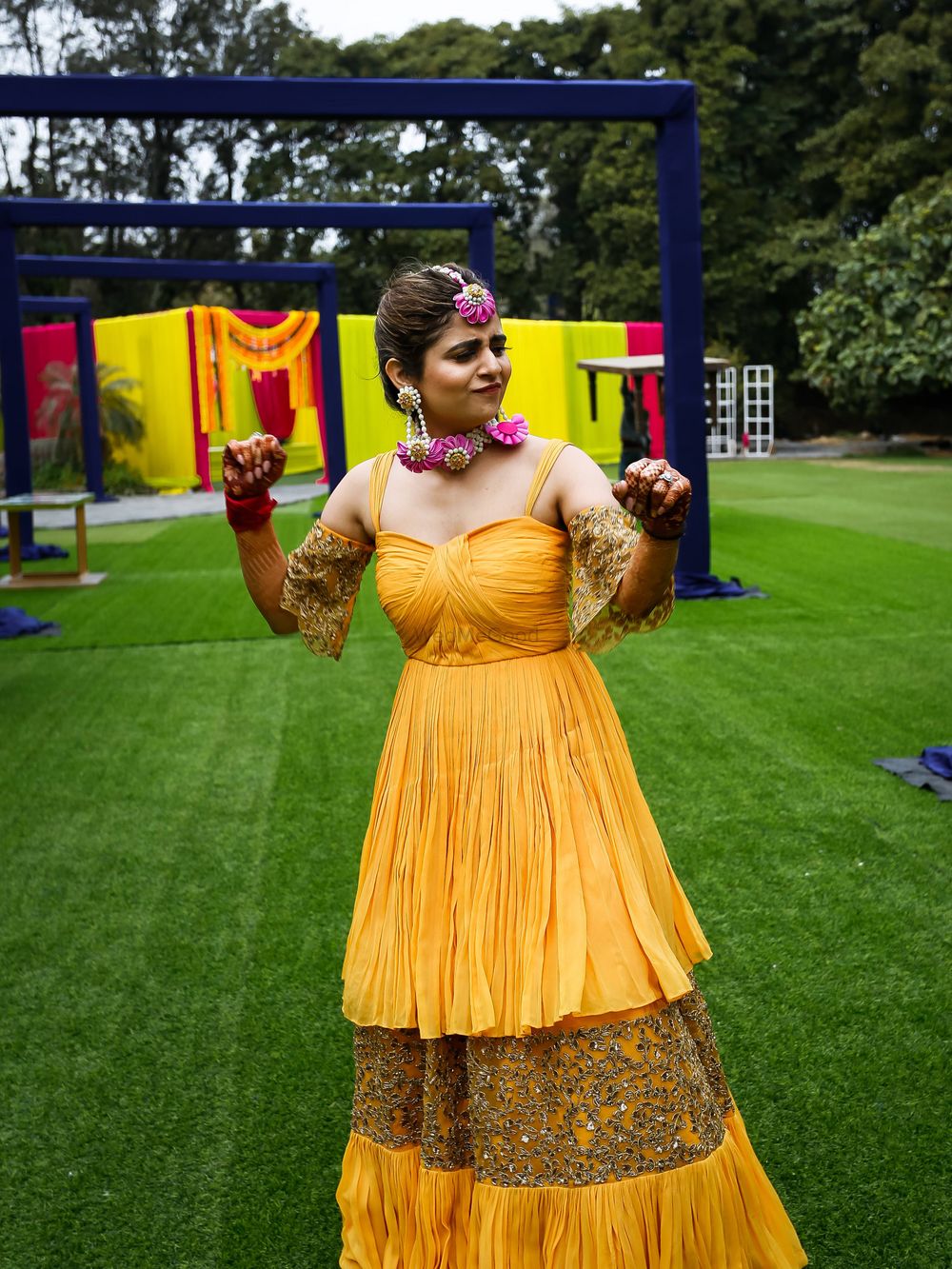 Photo of indo western yellow mehendi bridal outfit idea