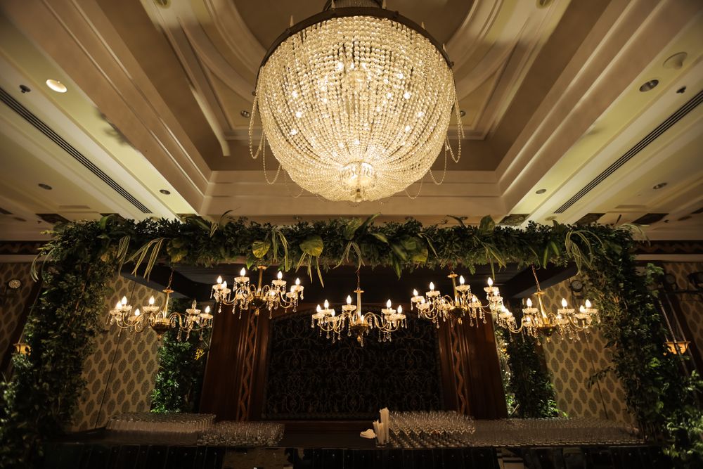 Photo of grand bar setup decoration with chandelier