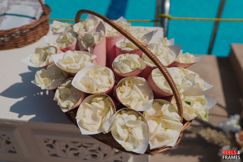 Photo of white petals in cones for wedding guests