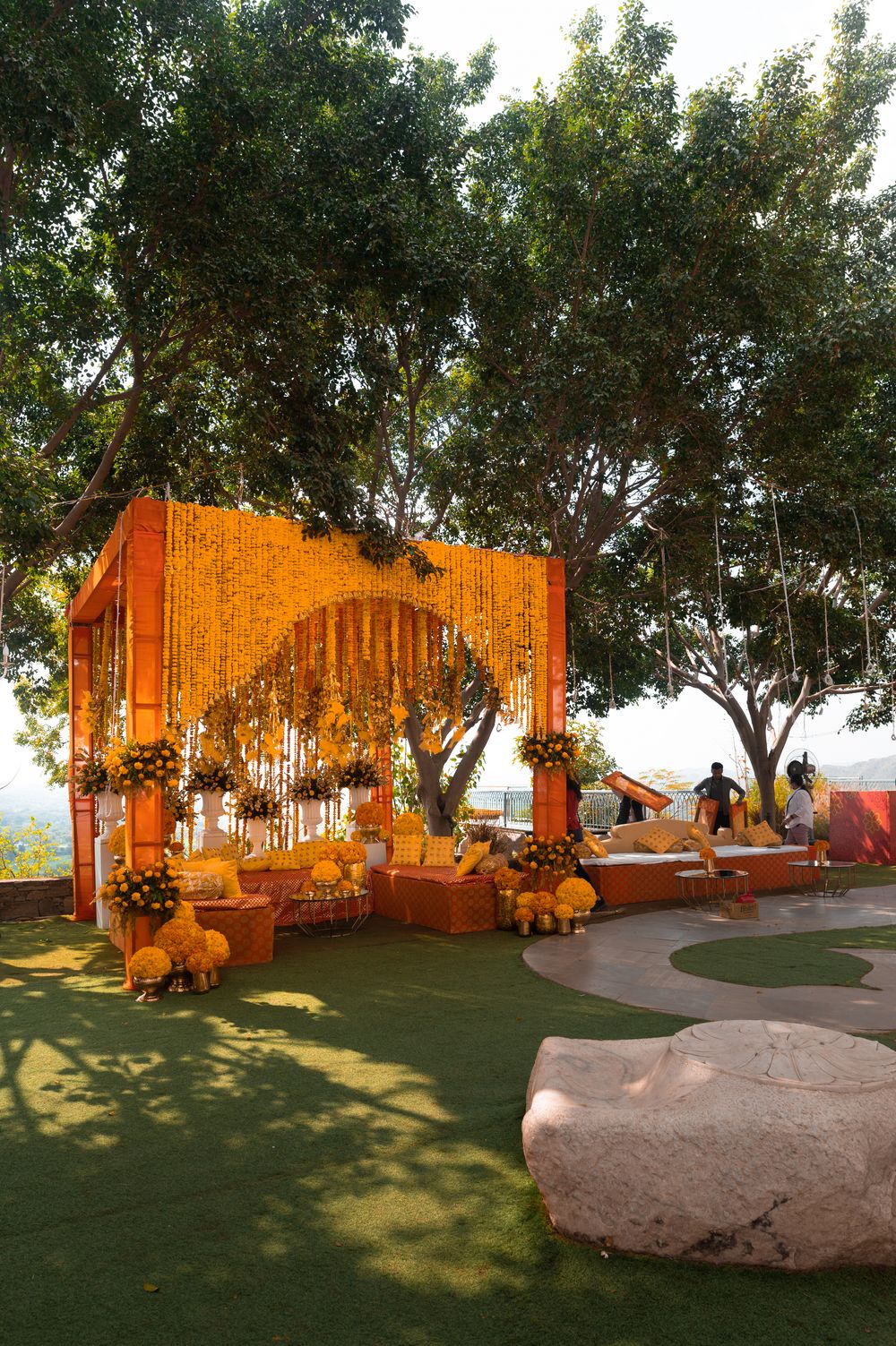 Photo of outdoor haldi decoration with marigold