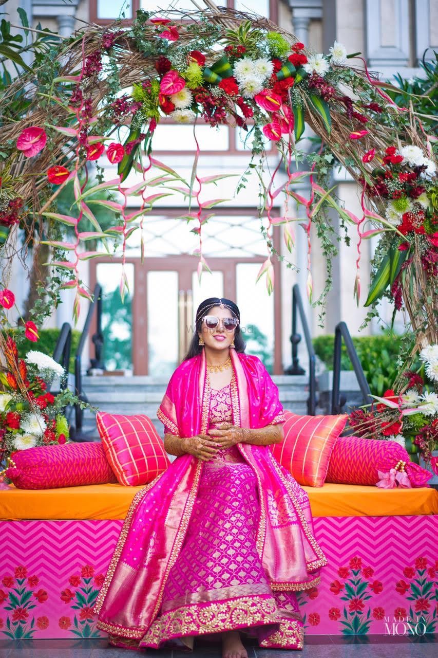 Photo of Bright pink benarasi lehenga with unique drape dupatta