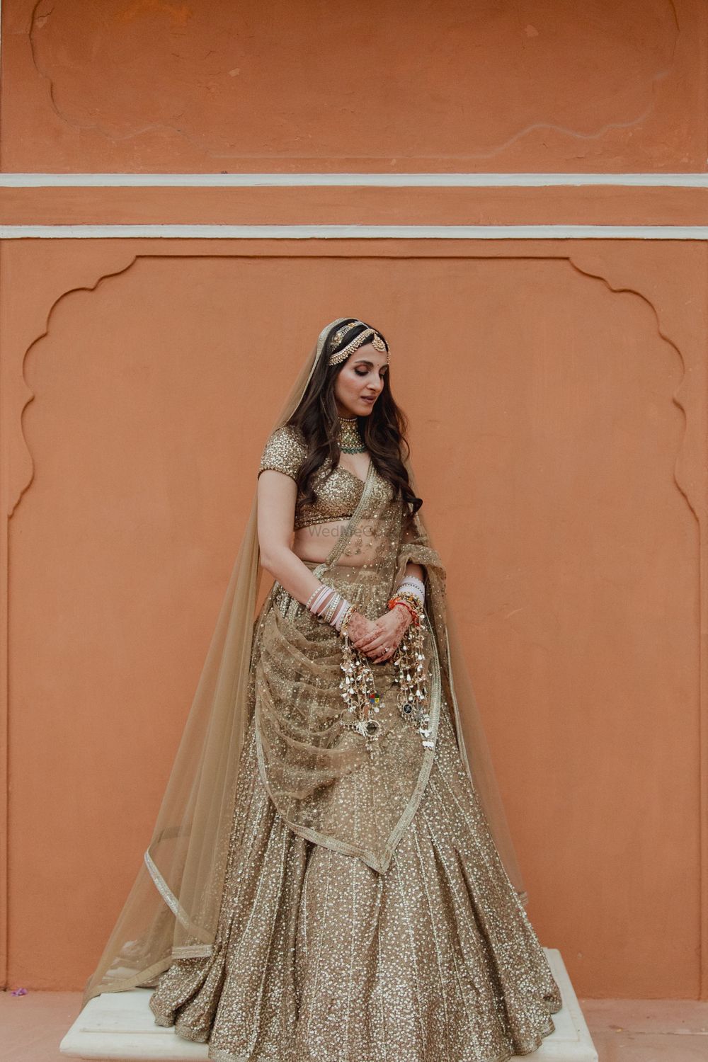 Photo of Classic bridal portrait with open hairstyle, gold lehenga and a double sispatti