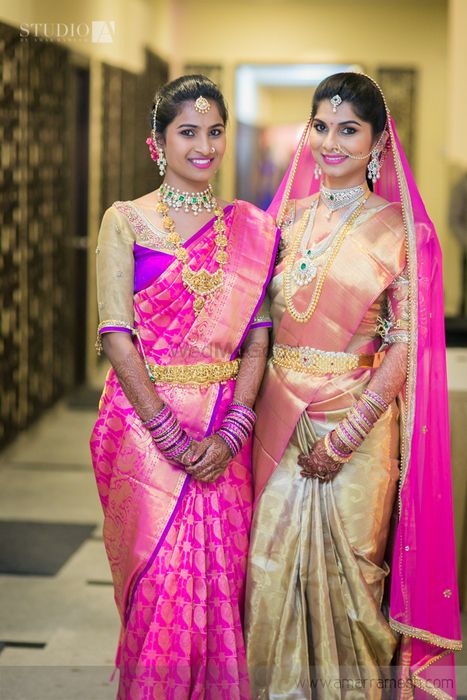 Photo of Kanjivaram saree in gold and blush pink