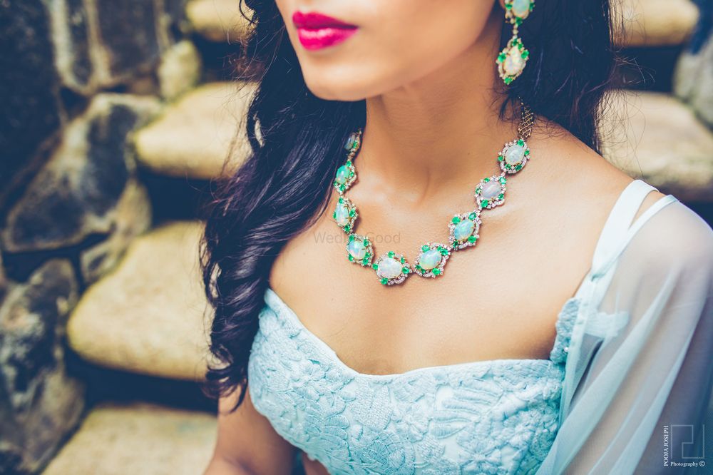 Photo of Enamel turquoise necklace for engagement with mint lehenga