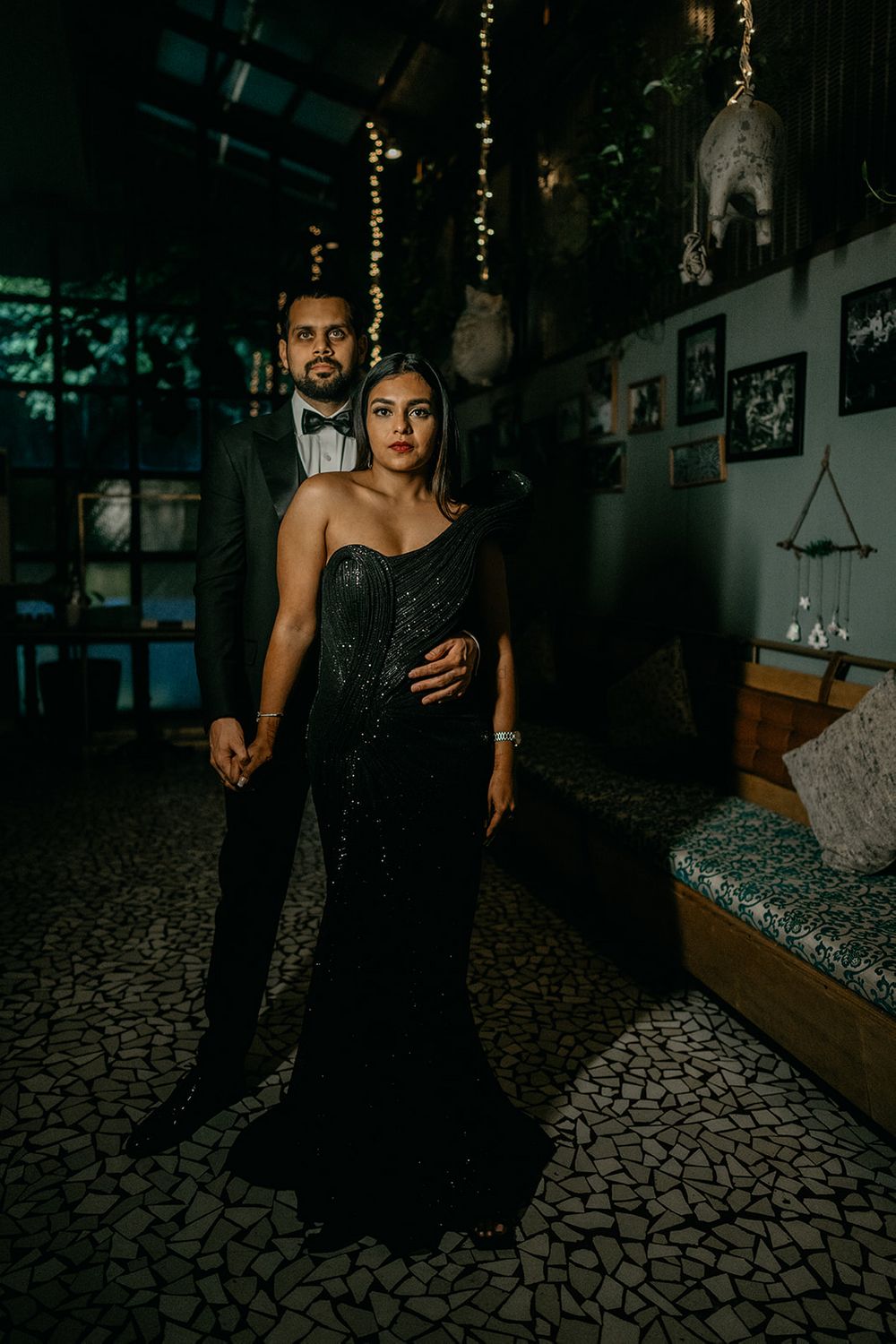 Photo of classy couple portrait at home wedding in cocktail
