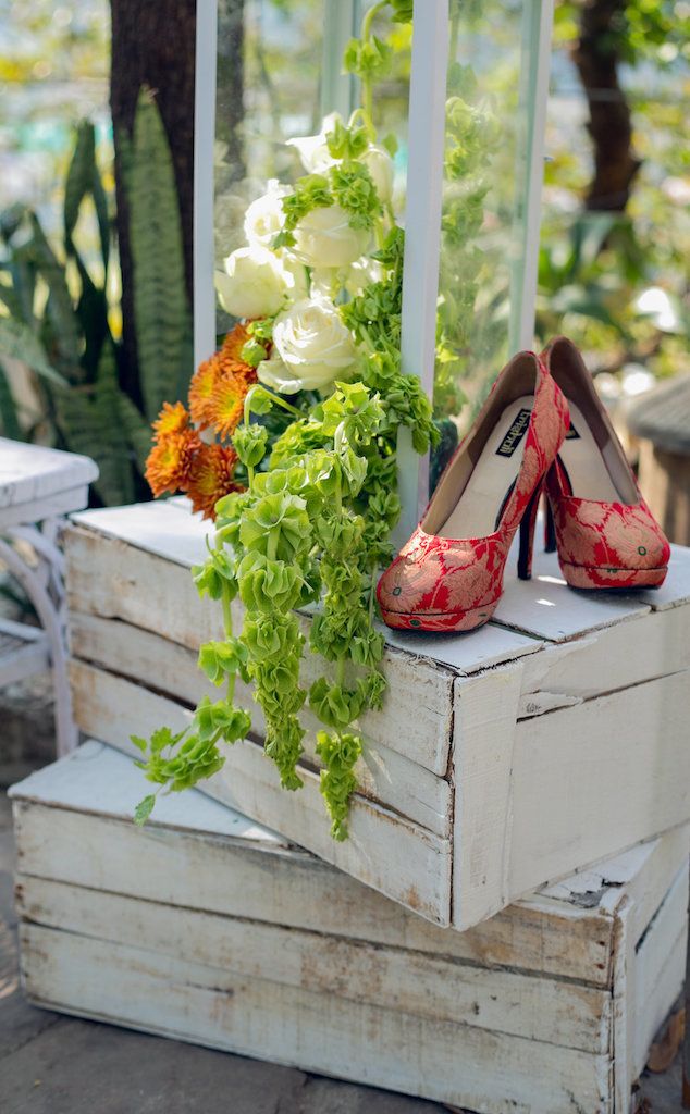 Photo of Red brocade bridal shoes