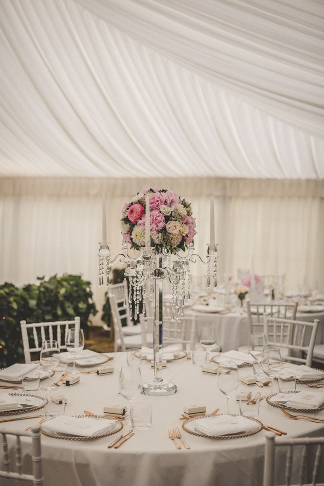Photo of Glamorous reception decor in white and blush pink