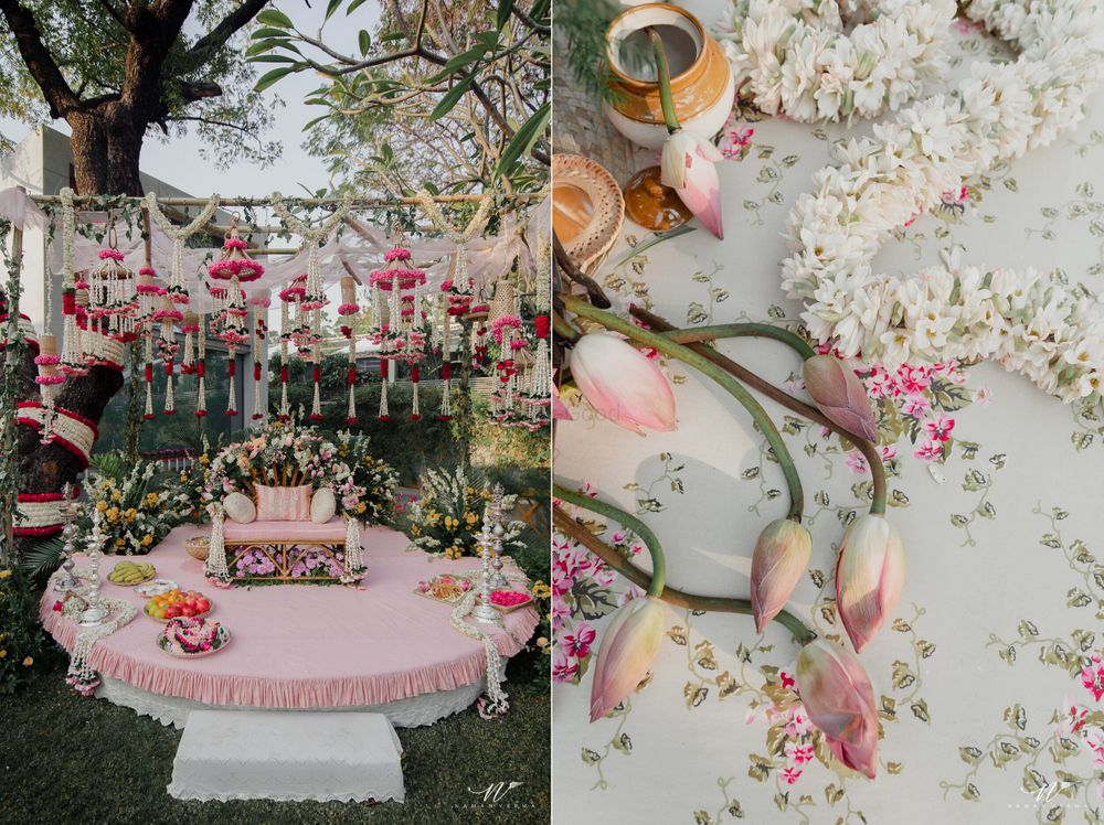 Photo of pretty pink floral theme mehendi decor idea