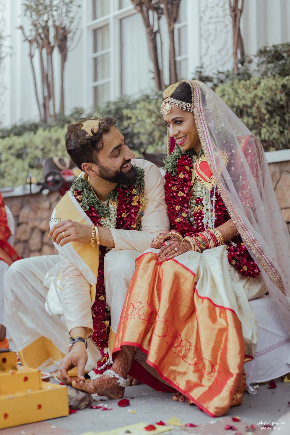 Photo of Cute couple portrait at the mandapam