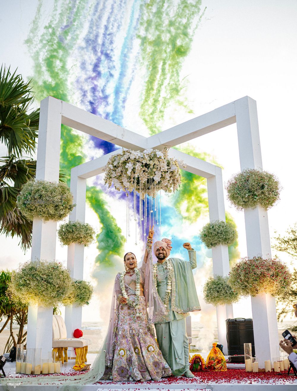 Photo of Unique modern mandap with green and geometrical design