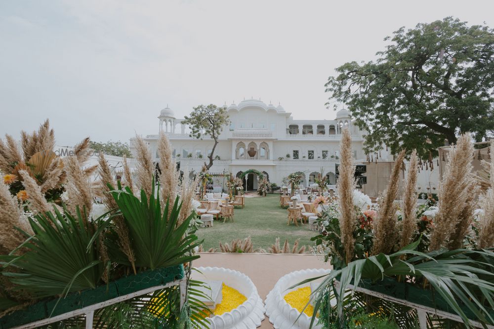 Photo of Lovely outdoor venue shot for the haldi setup with pampas grass and fresh florals