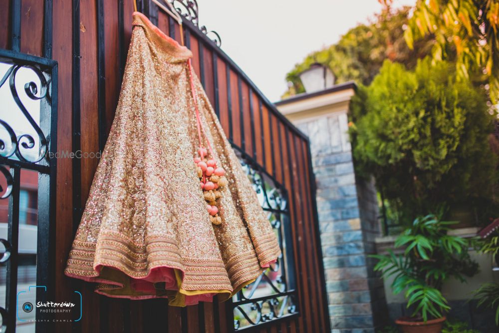 Photo of shimmery peach lehenga