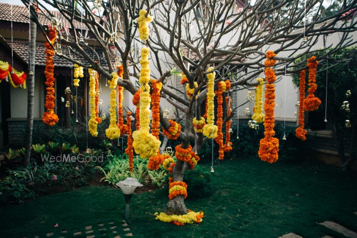 Photo of genda flower balls hanging from trees