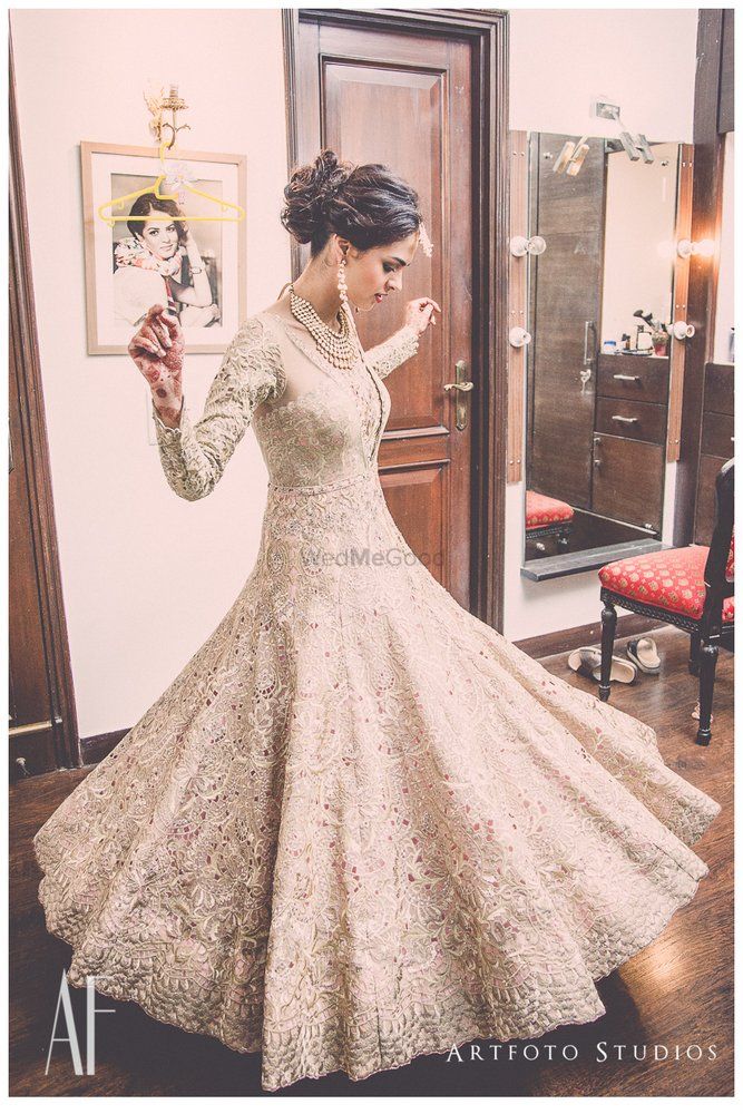 Photo of lace anarkali with cutwork detailing in lavender and champagne