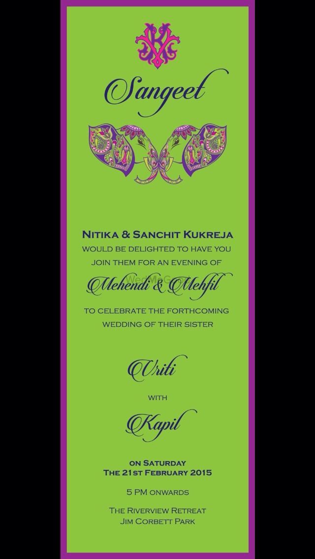 Photo of lime green sangeet insert with purple peacock detailing
