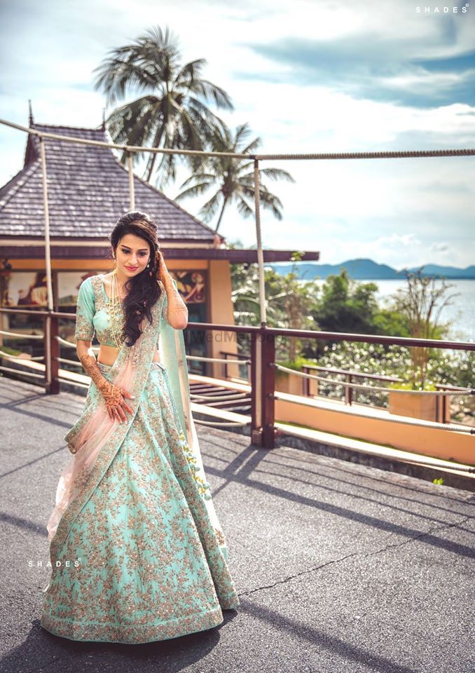 Turquoise Outfits Photo shell pink and blue lehenga