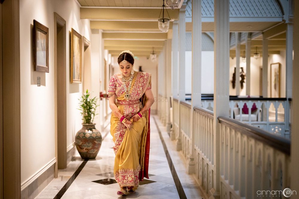 Photo of Fusion bridal saree in yellow and red