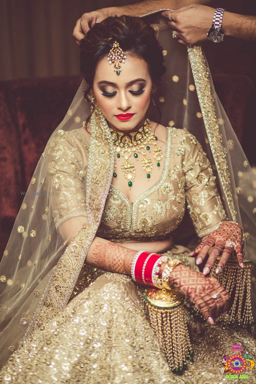 Photo of Bridal portrait with dupatta placing on head shot and single kaleere