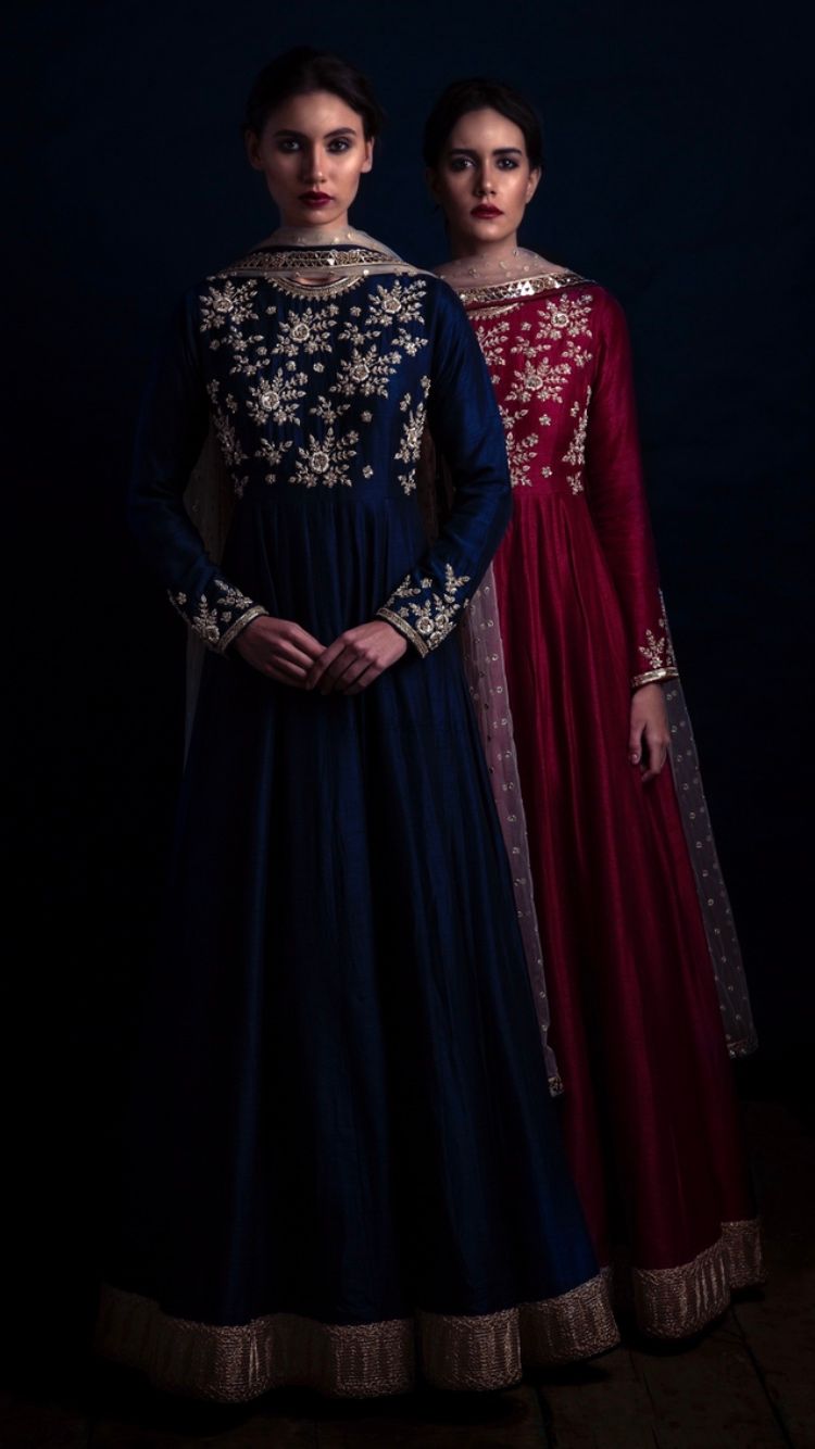 Photo of Royal blue and wine gold embroidered floor length anarkali