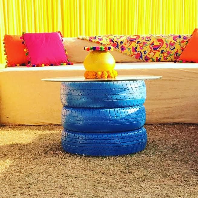 Photo of Blue painted tyres in decor