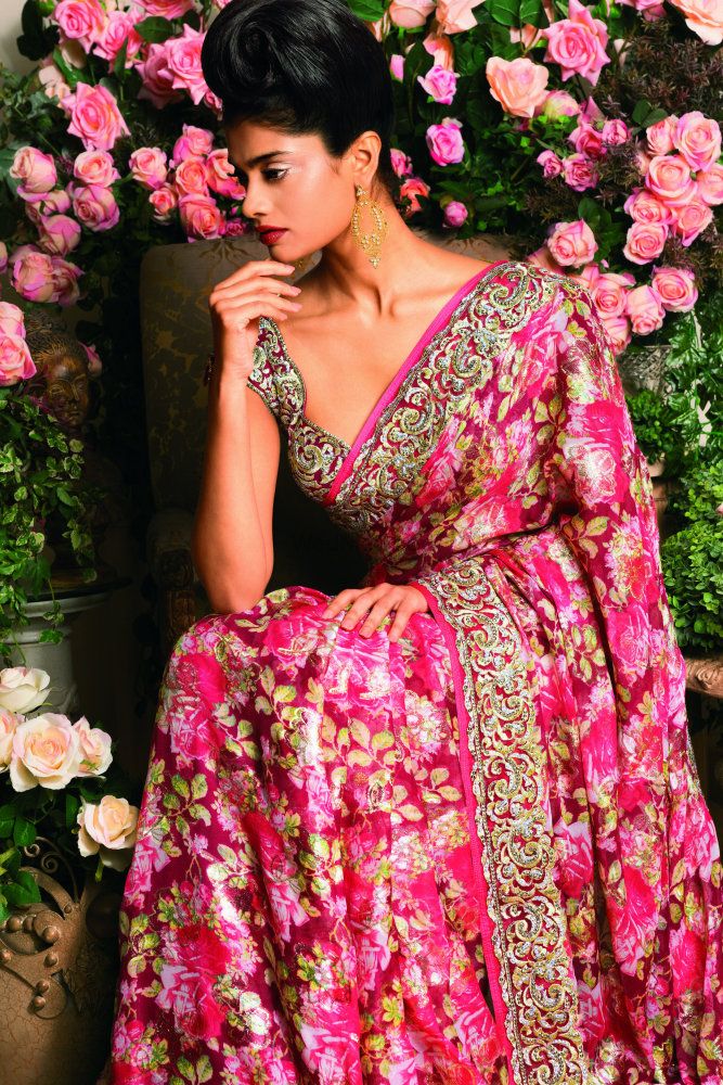 Photo of Floral Print Saree with Thread Work Border and Blouse
