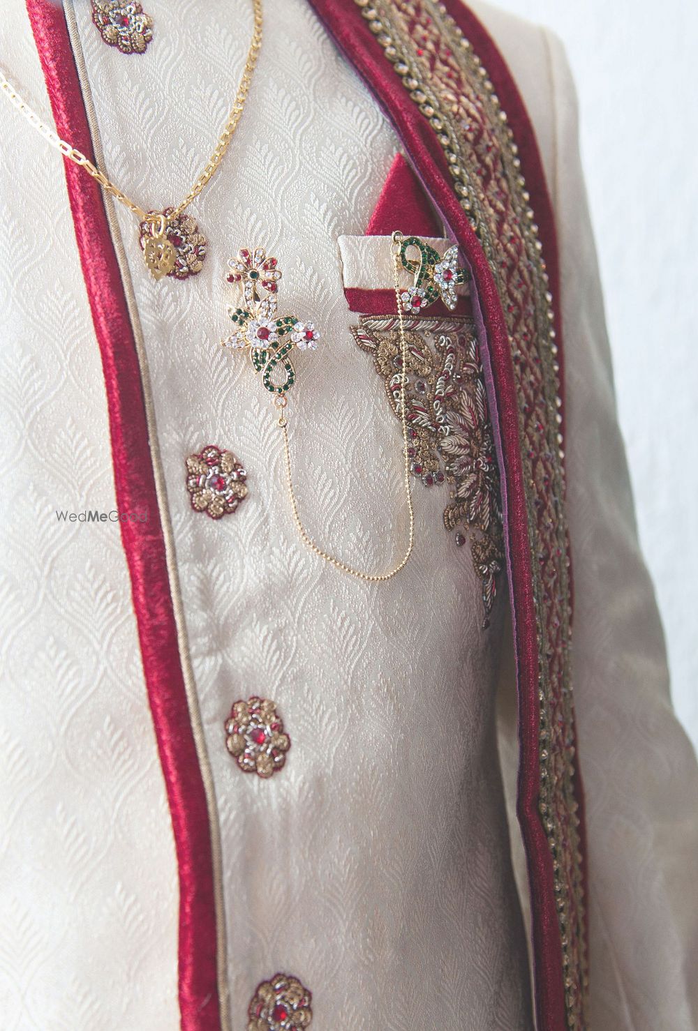 Photo of Cream Sherwani with Maroon Dupatta