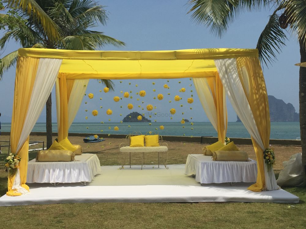 Photo of Beach Themed Yellow Mandap Decor