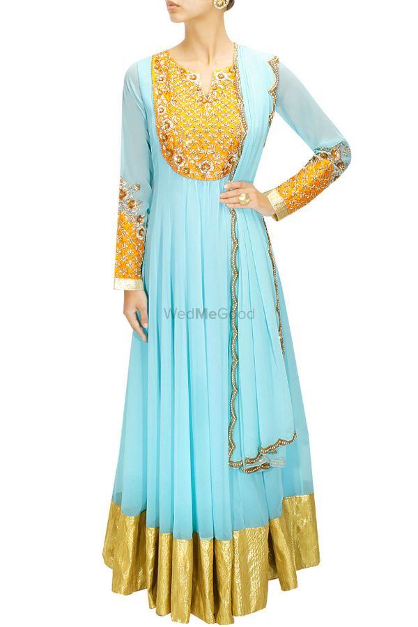 Photo of full sleeves anarkali with yellow yolk embroidery and cuffs
