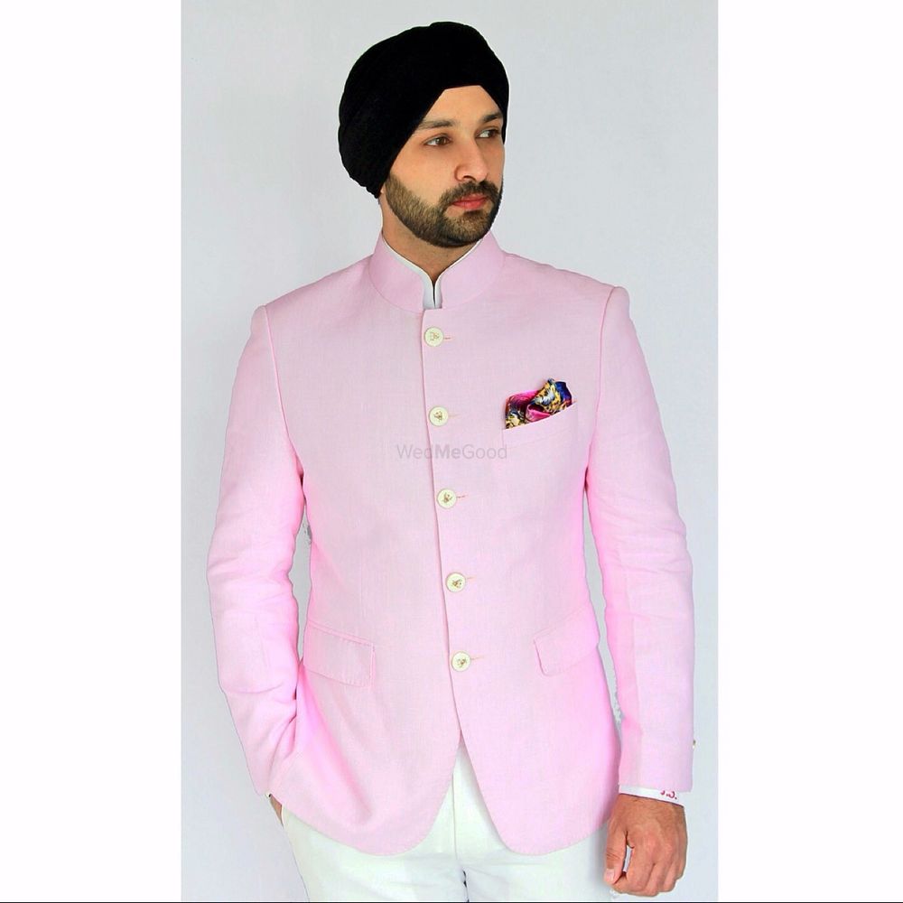 Photo of light pink bandhgala jacket with pocket square