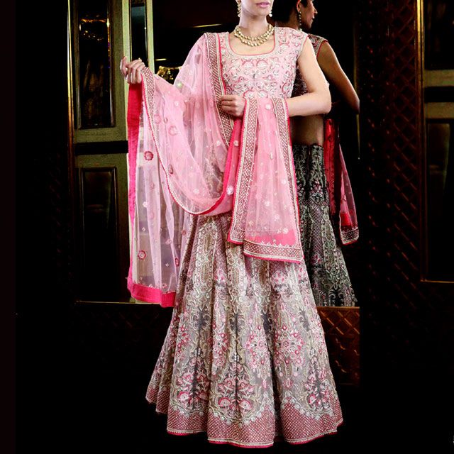 Photo of reception or cocktail shimmery pink and silver lehenga