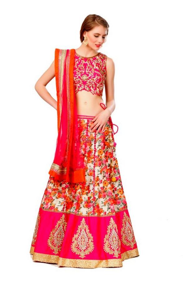 Photo of floral print lehenga in orange and white with hot pink border