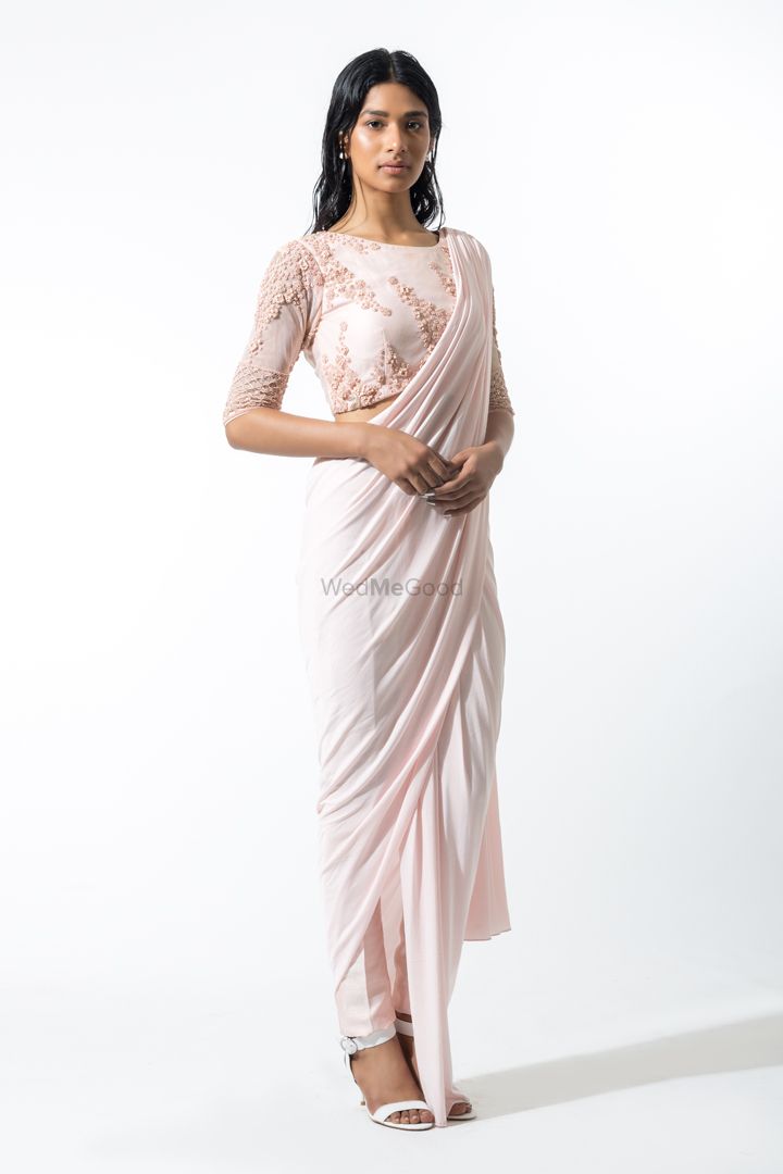 Photo of draped cocktail sari gown in pastel pink and blush