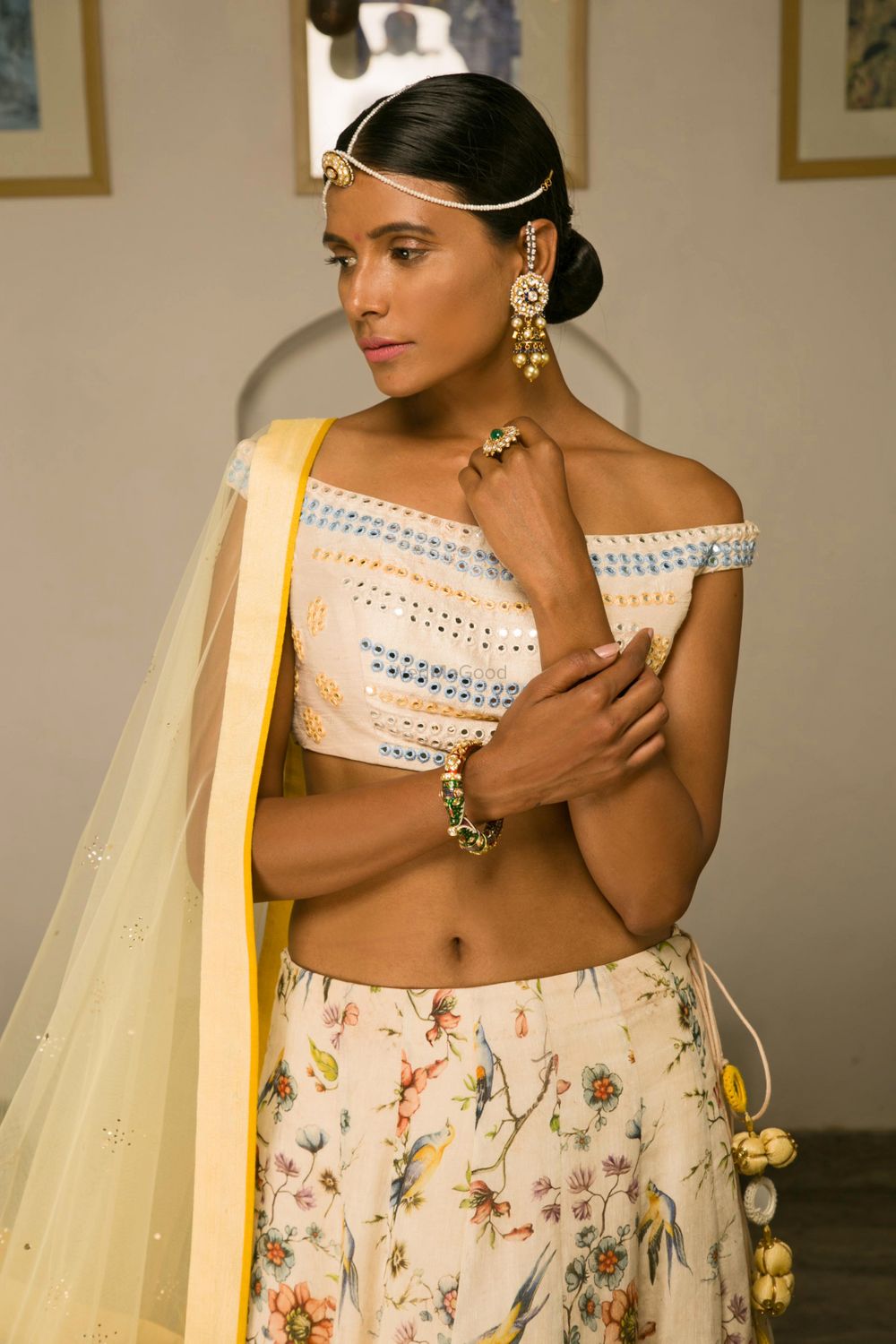 Photo of Lehenga with off shoulder blouse and floral print skirt