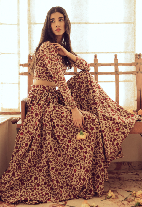 Photo of cotton printed lehenga with roses on it