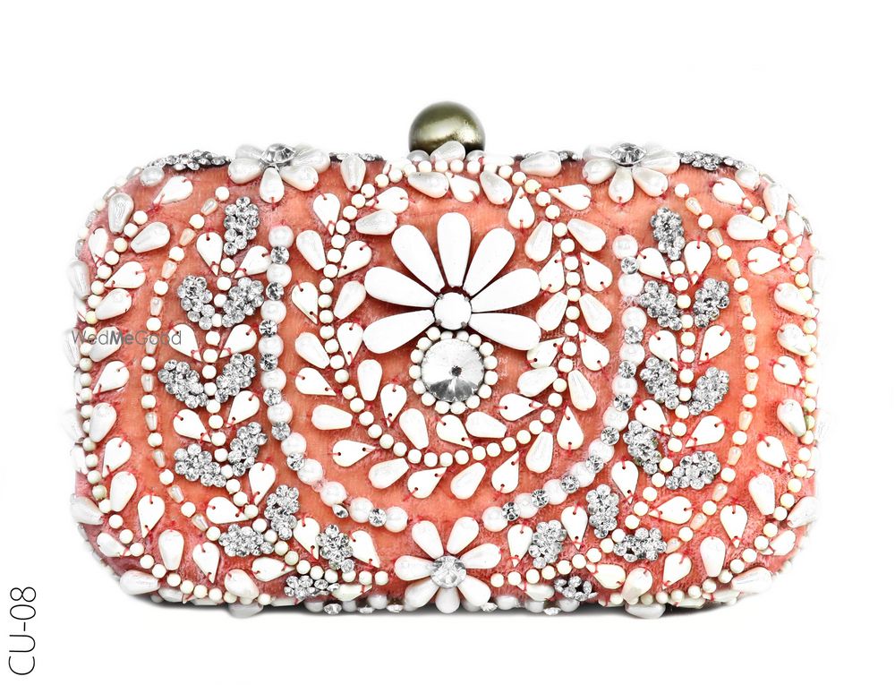 Photo of orange and coral  bridal box clutch with crystals and beads